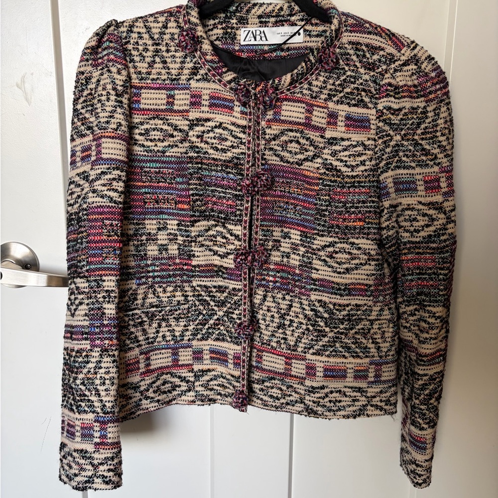 Zara Women's Black and Pink Patterned Blazer